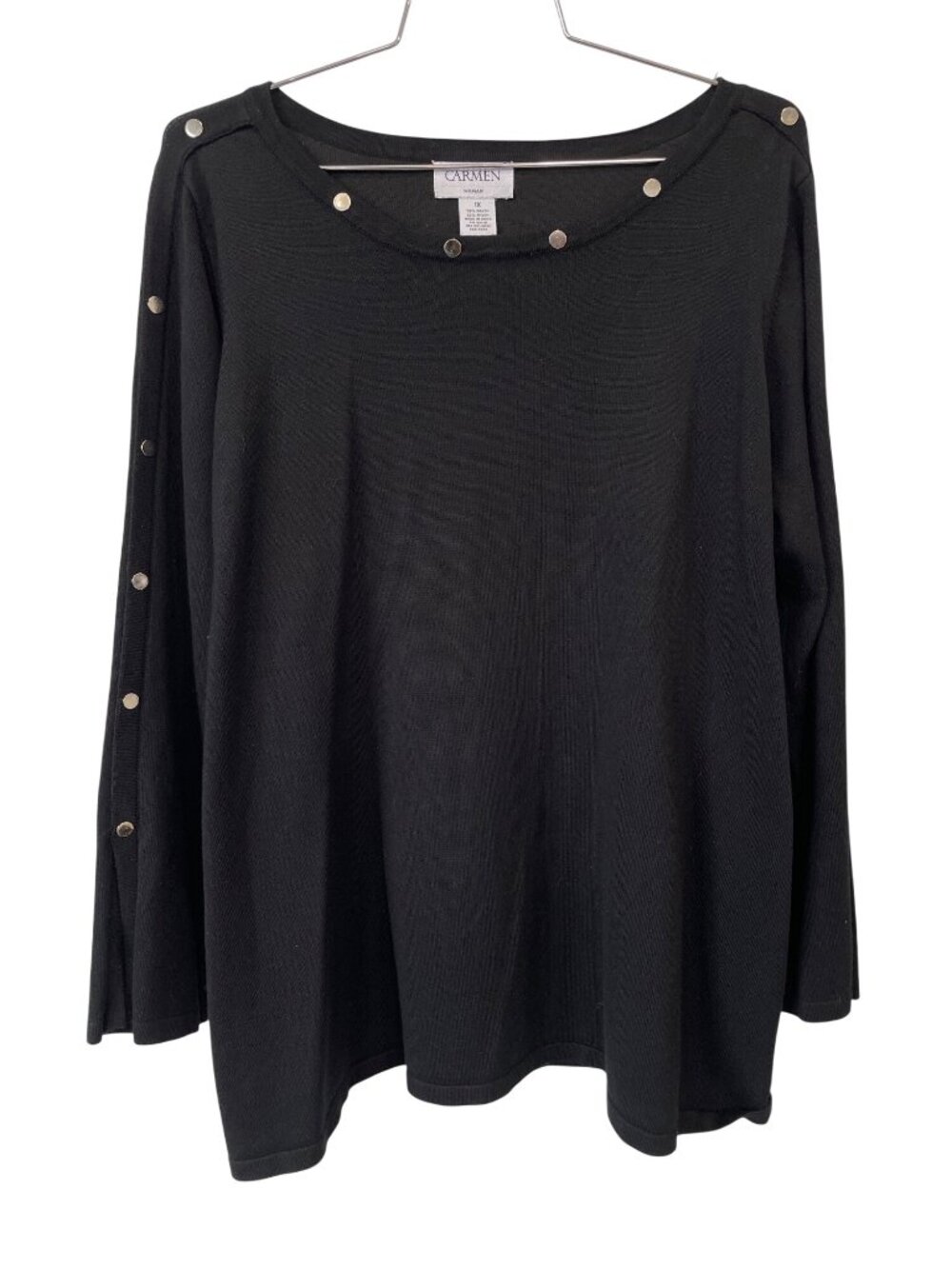 Carmen Marc Valvo Sweater Plus Size 1X Studded Long Sleeve Pullover Black Knit